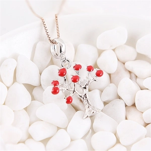 S925 sterling zilveren levensboom hanger ketting met levendige rode emaille vruchten