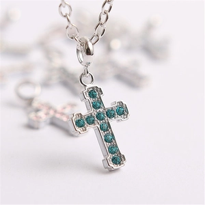 S925 silver cross pendant necklace with sparkling blue zircon stones and slim O-chain link