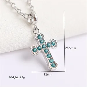 S925 sterling silver cross pendant with blue crystals and O-chain necklace, 26.5mm height