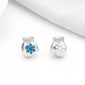 S925 sterling silver Christmas glove charms with blue and white snowflake enamel for DIY jewelry