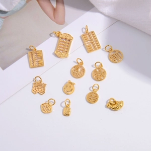 925 Sterling Silver Gold Plated Chinese Style Charms Fu Character Abacus Fish Smiley Face Pendants For DIY Jewelry Accessories