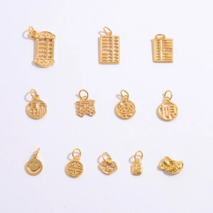 Golden Chinese pendants set featuring abacus, koi fish, and lucky characters in detail