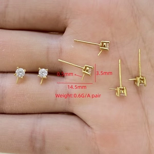 Close-up of S925 sterling silver gold stud earrings with clear zircon and dimensions