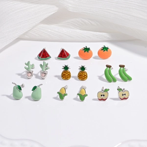 Boucles d'Oreilles Clous en Argent Sterling 925 Forme Fruit Pastèque Ananas Banane Tomate Émail pour Femme Bijoux Style Pastoral