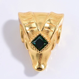Golden S925 silver ram head bead with emerald-cut green stone for DIY bracelets