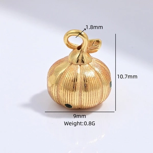 Golden S925 silver pumpkin charm with green gemstone detail and leaf accent for DIY jewelry