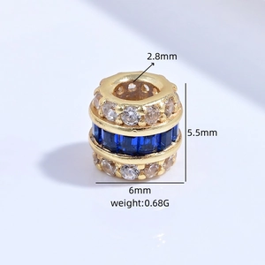 Gold S925 sterling silver barrel bead with blue gemstones and clear pavé zircons