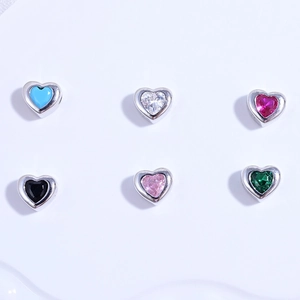 Cuentas de corazón en plata de ley S925 con circonitas de colores para joyería DIY