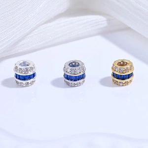 S925 silver barrel beads with blue zircon and pavé crystals for DIY bracelets