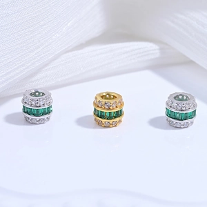 S925 sterling silver cylinder beads with micro-set green crystals and white zircons