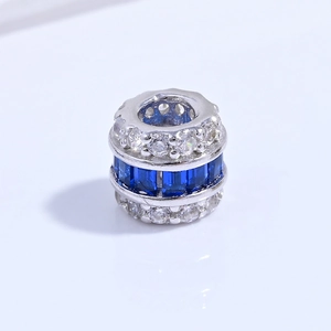 S925 sterling silver barrel bead charm with sapphire blue stones and white zircon crystals