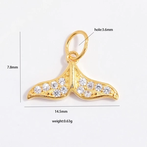 Gouden S925 zilveren walvisstaart hanger met zirkoon en afmetingen van 14,5 mm breed