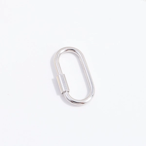 Close-up of a polished S925 sterling silver oval carabiner clasp with screw locking mechanism