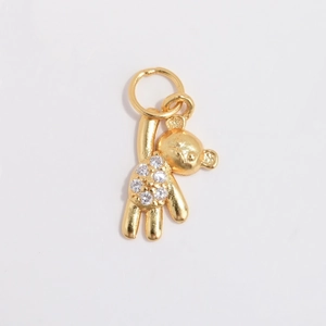 Golden teddy bear pendant in S925 silver with micro-pave zircons and climbing pose detail