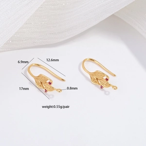 S925 silver leaf earring hooks in gold with red stones and detailed plant veins