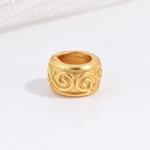 Golden S925 sterling silver cylinder bead with embossed spiral pattern and matte finish
