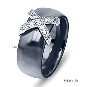 Detail shot of 8mm black ceramic ring featuring a star design with micro-paved zircons