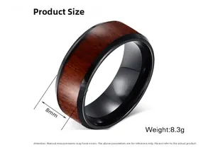 Anello da uomo in acciaio inossidabile da 8 mm con bordi neri e venature in legno rosso