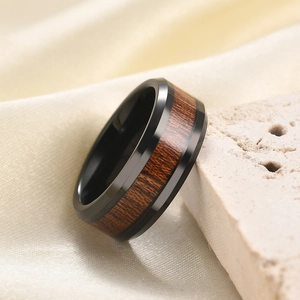 Bague Vintage en Acier Inoxydable de 8MM Avec Incrustation de Grain de Bois Anneau Géométrique Minimaliste pour Hommes
