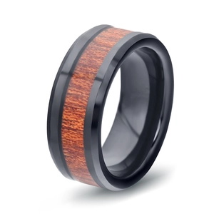 Bague vintage pour homme en acier inoxydable de 8 mm avec incrustation en bois rouge