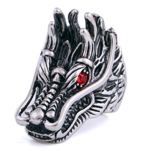 Gothic silver stainless steel dragon head ring featuring vibrant red zircon stone eyes