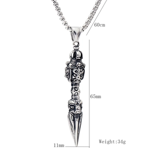 Retro stainless steel Phurba Vajra pendant necklace with intricate deity face carvings
