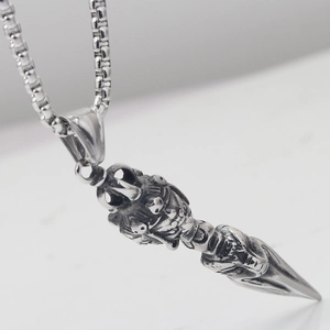 Retro silver Vajra pestle pendant necklace in punk style with a durable box chain for men