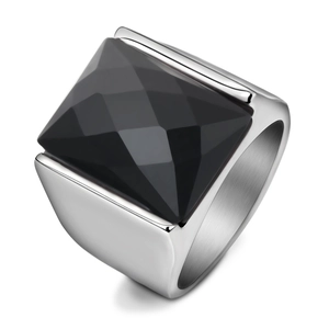 Bague de pouce rétro en acier inoxydable avec grande pierre noire et anneau argenté poli
