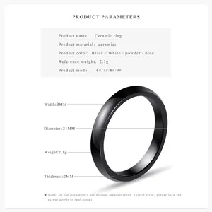 Detailed size chart showing 3mm ceramic ring dimensions, weight, and available color options