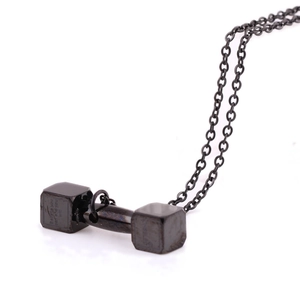 Matte black stainless steel dumbbell necklace for men featuring inspirational quote engraving