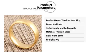Détail de la bague en acier titane doré de 6mm avec spécifications sur texture lin