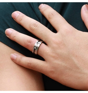 Macro detail of silver and black stainless steel ring with dual rectangular stones