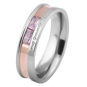 7mm silver and rose gold steel ring with rectangular gems and I promise Love engraving