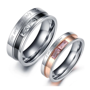 7mm and 5mm stainless steel couple ring set with rectangular cubic zirconia and engravings