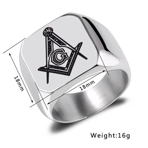 Chevalière pour homme en acier inoxydable poli avec logo franc-maçon équerre et compas gravé