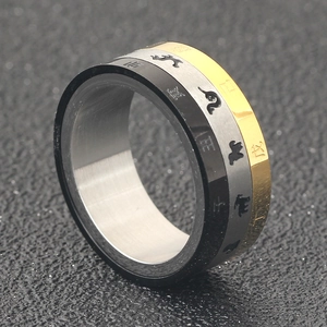 Detailed macro view of rotating stainless steel ring with 12 zodiac signs and characters