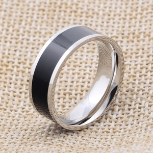 Detailed view of 7mm stainless steel ring with black enamel inlay and polished finish