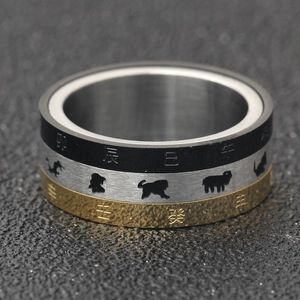 Chinese zodiac rotating stainless steel ring with three layers of black, silver, and gold