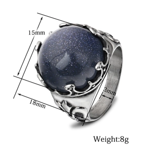 Anello retrò da 18mm in acciaio inossidabile con pietra blu lucida e rilievo a onde
