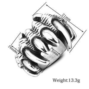 Vintage punk schedel klauw ring van titanium staal met afmetingen en gewichtsinformatie