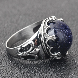 Anello vintage in acciaio inossidabile con pietra di sabbia blu e motivi a giglio