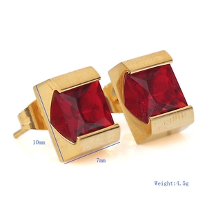 Square red zircon earrings in gold-plated stainless steel with 10mm x 7mm dimensions