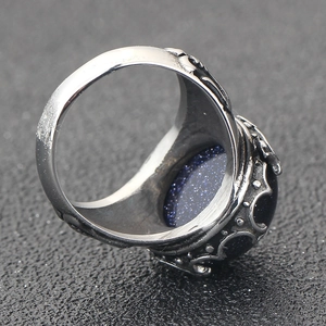 Anello retrò in acciaio inossidabile con pietra sandstones blu 18mm e rilievi
