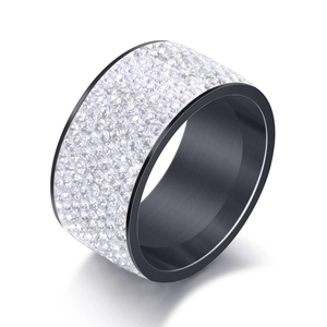 Bague large 12mm en acier inoxydable noir avec 8 rangées de cristaux pour femmes