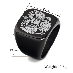 Square black stainless steel signet ring with laser engraved double-headed eagle crest