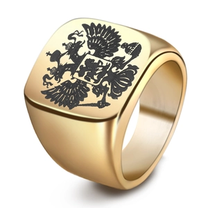 Gold stainless steel signet ring featuring a black double-headed eagle crest on square face