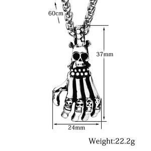 Gothic skull hand pendant necklace in vintage silver steel with 60cm braided chain