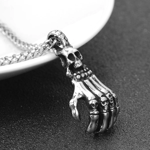 Gothic punk 3D skull hand pendant necklace in vintage stainless steel finish for men