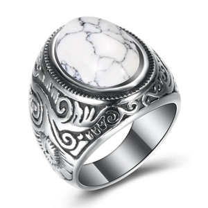 Vintage stainless steel ring with oval white turquoise stone and bohemian engravings