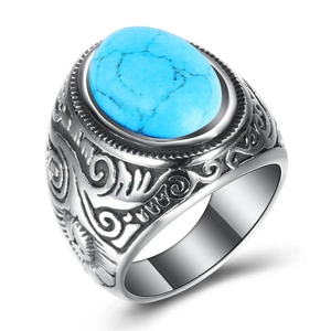 Vintage 22MM stainless steel ring with oval blue turquoise and engraved silver band
